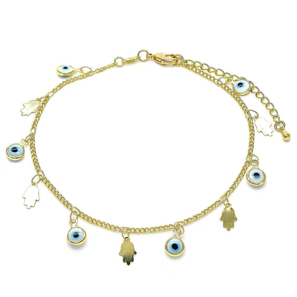 14K GOLD PLATED 9.5"+1" ANKLET WITH 12 BLUE EVIL EYES AND HAMSAS DANGLING M404