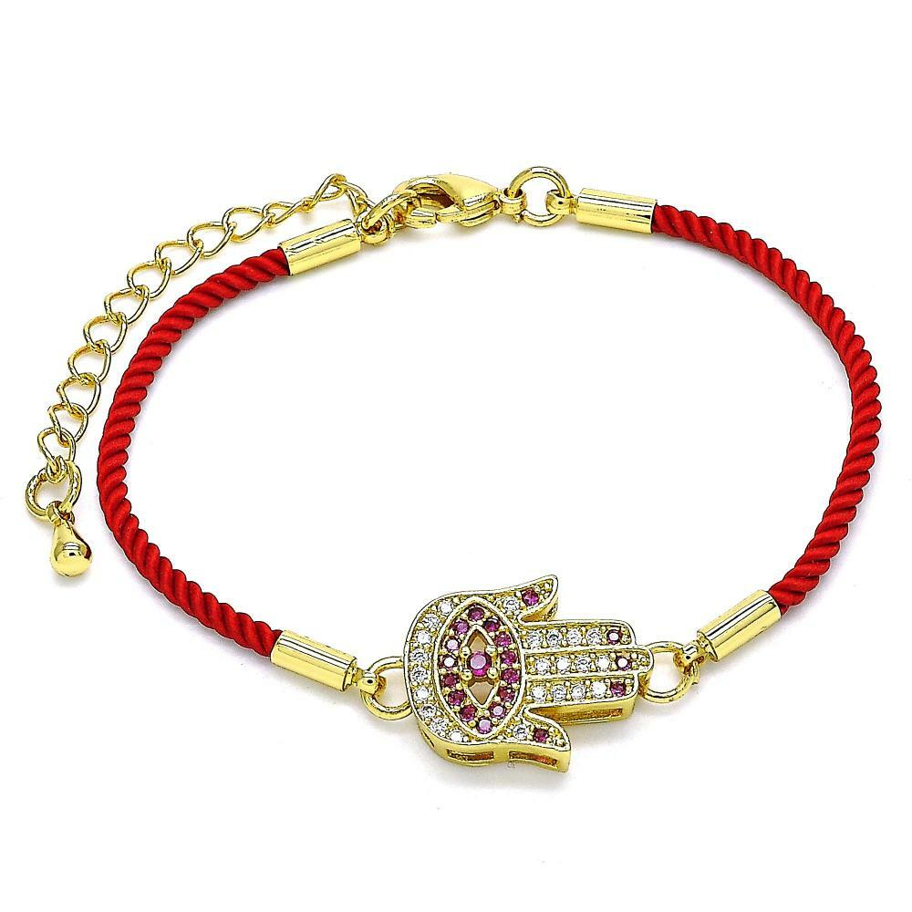 14K GOLD PLATED 6"+2" RED CORD BRACELET W/ MULTI-COLOR MICROPAVE CZ HAMSA M386