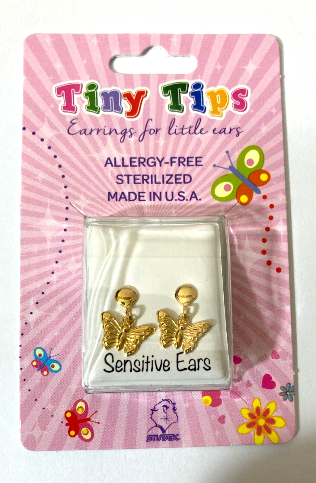 Studex Tiny Tips Earrings For Little Ears TT-6016 Gold Platted Drop Butterfly