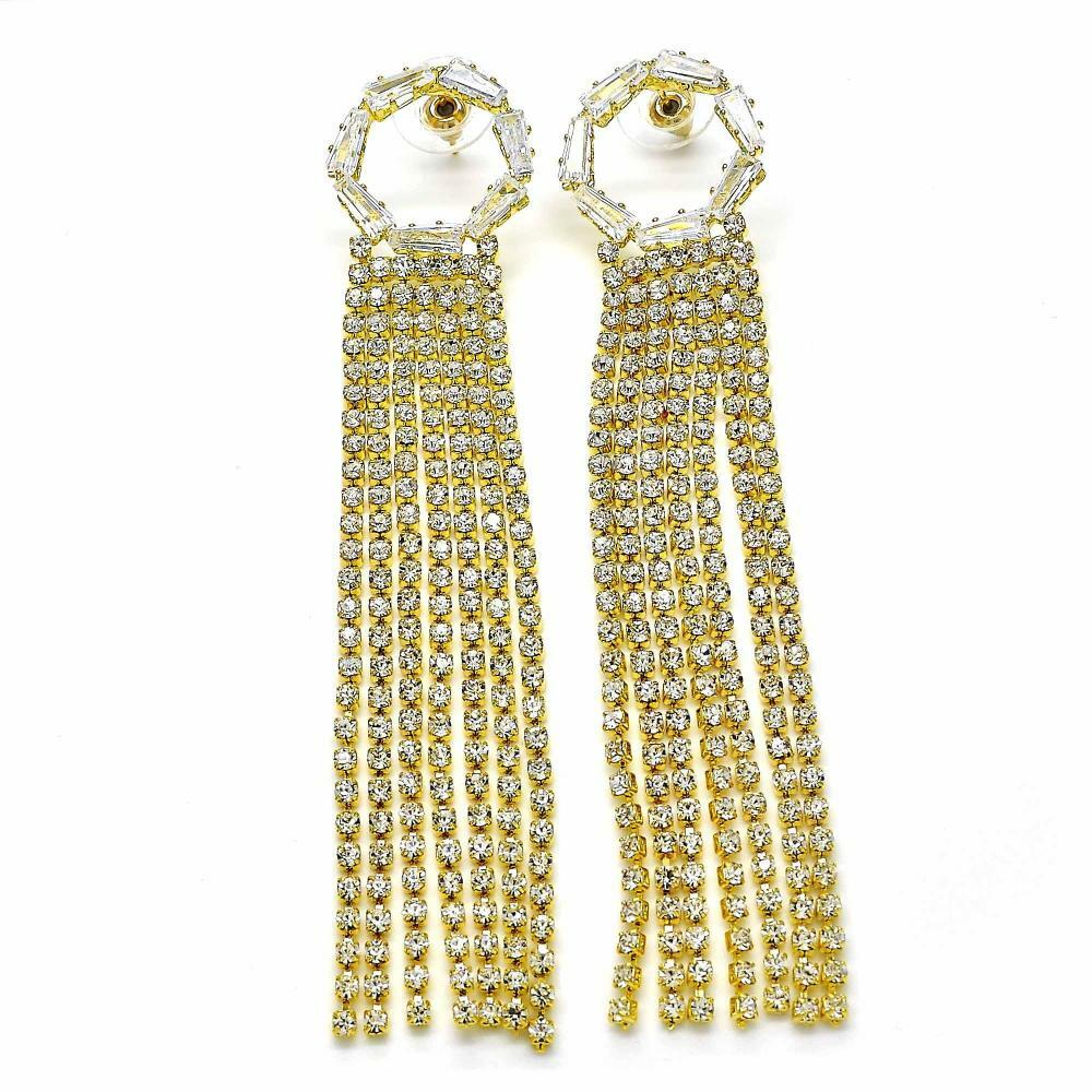 14K GOLD PLATED 4" LONG DANGLE EARRINGS WITH 7 STRANDS OF WHITE CRYSTAL M62