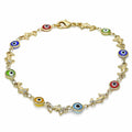 14K GOLD PLATED 10" ANKLET MULTI-COLOR EVIL EYES AND DOLPHINS CONNECTED M367