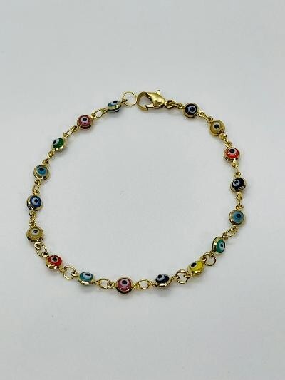 14K GOLD PLATED 7" BRACELET WITH 4MM ROUND MULTI-COLOR EVIL EYES LINKED SB13