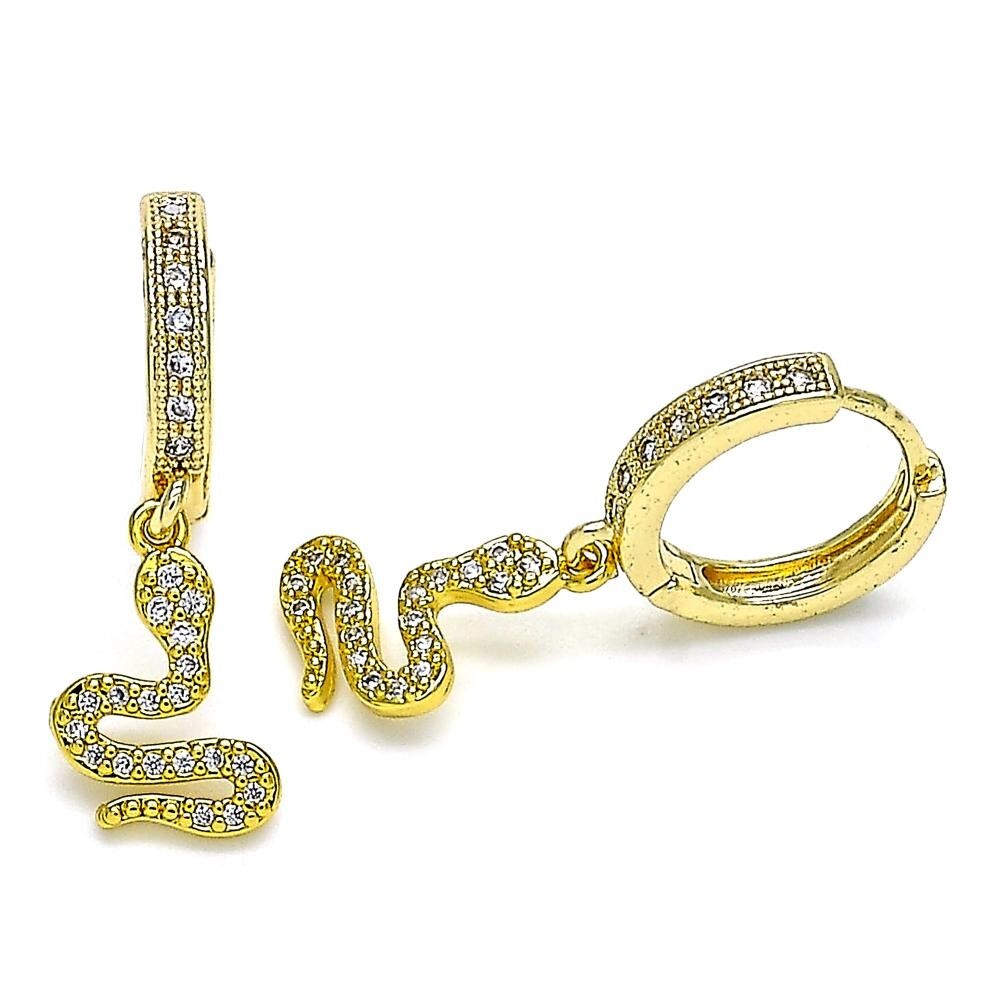 14K GOLD PLATED HUGGIE HOOP EARRINGS WITH WHITE CZ SNAKE DANGLES M736