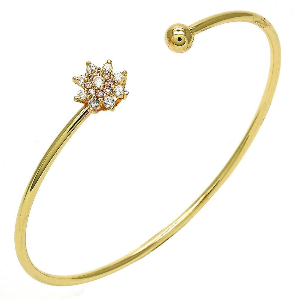 14K GOLD PLATED BANGLE BRACELET WITH BALL AND WHITE CUBIC ZIRCONIA FLOWER M142