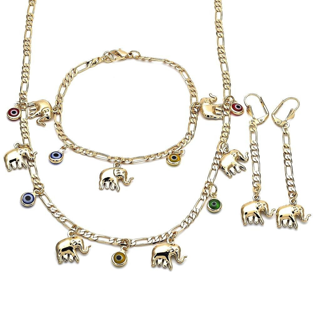 14K GOLD PLATED NECKLACE BRACELET EARRING SET W/ EVIL EYES & ELEPHANTS M693