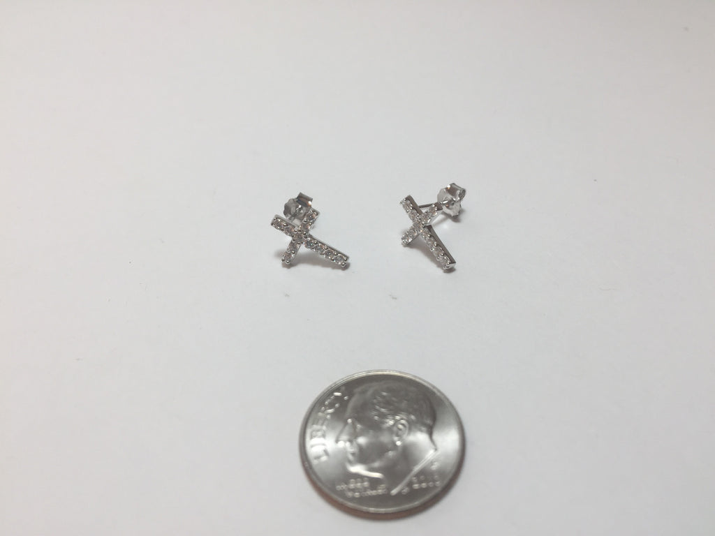 .925 STERLING SILVER CROSS STUD EARRINGS WITH CUBIC ZIRCONIA J256