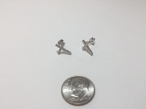 .925 STERLING SILVER CROSS STUD EARRINGS WITH CUBIC ZIRCONIA J256