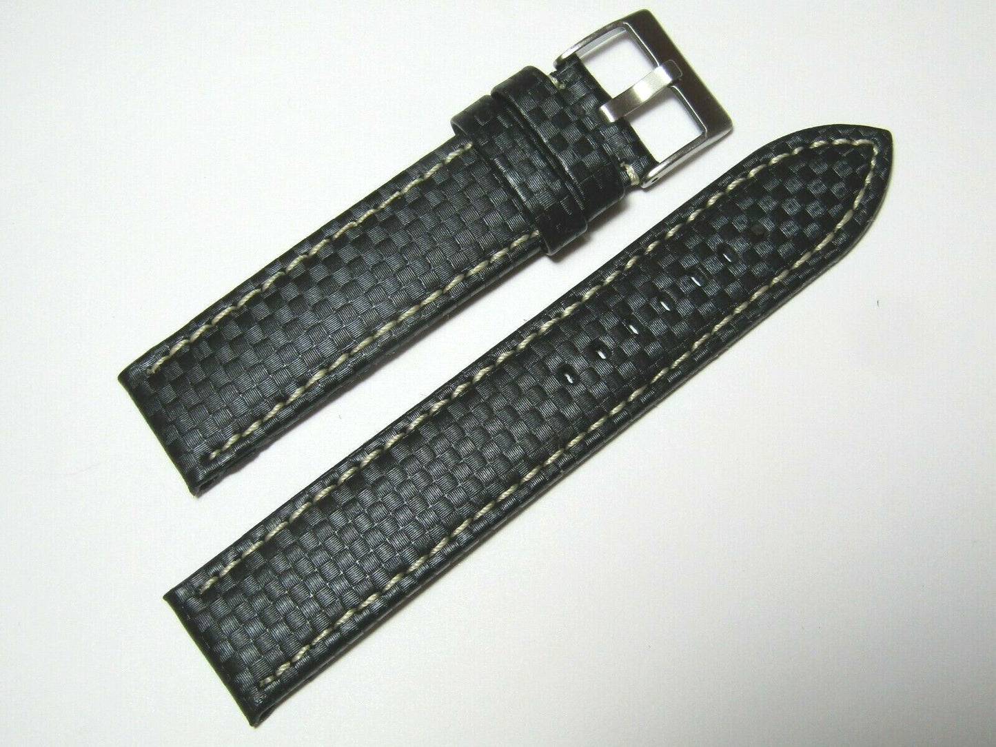 20mm Hadley-Roma MS847 Black Carbon Fiber Leather White Stitch Watch Band Strap