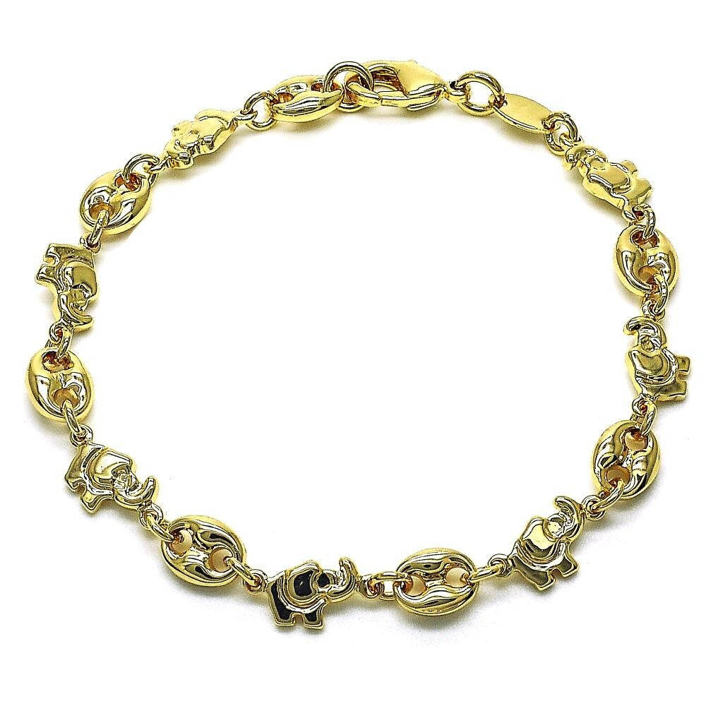 14K GOLD PLATED 7" BRACELET WITH ELEPHANTS AND PUFFED MARINER LINKS LINKED M657