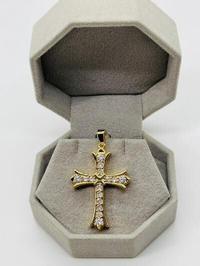 14K GOLD PLATED PENDANT CROSS SET WITH WHITE CZ 1.5" HIGH X 7/8" WIDE SP21