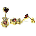 14K GOLD PLATED STUD DANGLE EARRIING TEDDY BEAR W/6 X 7 MM GARNET CZ HEARTS M605