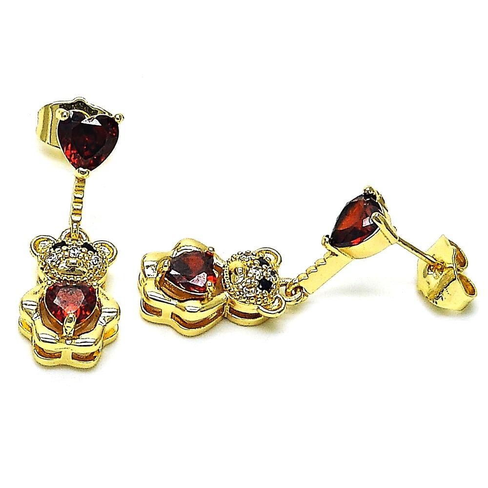 14K GOLD PLATED STUD DANGLE EARRIING TEDDY BEAR W/6 X 7 MM GARNET CZ HEARTS M605