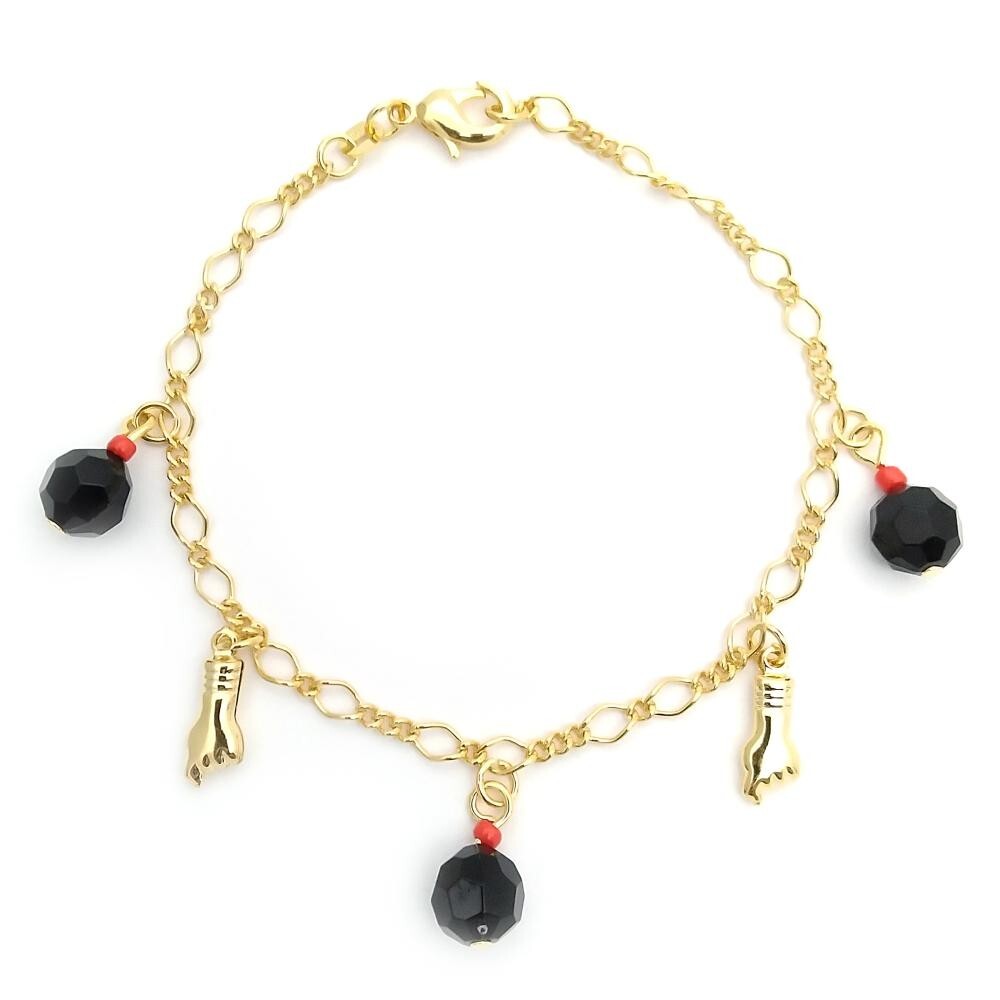 14K GOLD PLATED 7" BRACELET W/ 2 POWER FISTS AND 3 RED & BLACK BEAD DANGLES M564