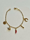 14K GOLD PLATED 7" BRACELET WITH 5 DANGLING GOOD LUCK CHARMS M254