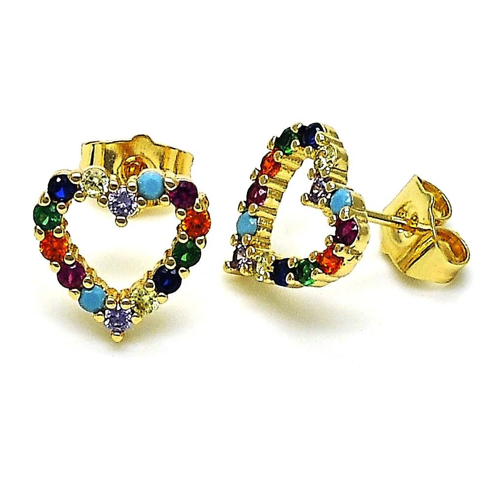 14K GOLD PLATED STUD EARRING OPEN HEART DESIGN W/ MULTI COLOR MICRO PAVE CZ M624