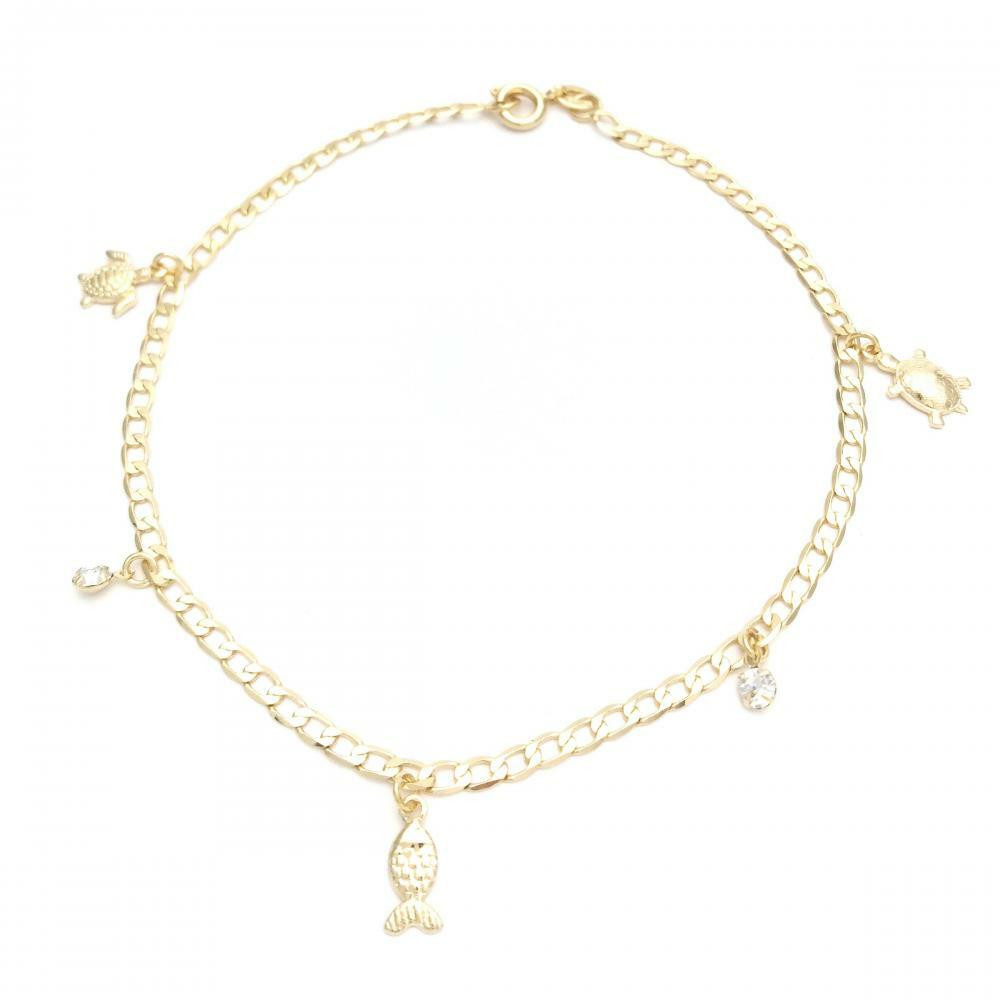 14K GOLD PLATED 9.5" ANKLET W/ 2 TURTLE, 1 FISH & 2 CRYSTAL CHARMS DANGLING M410
