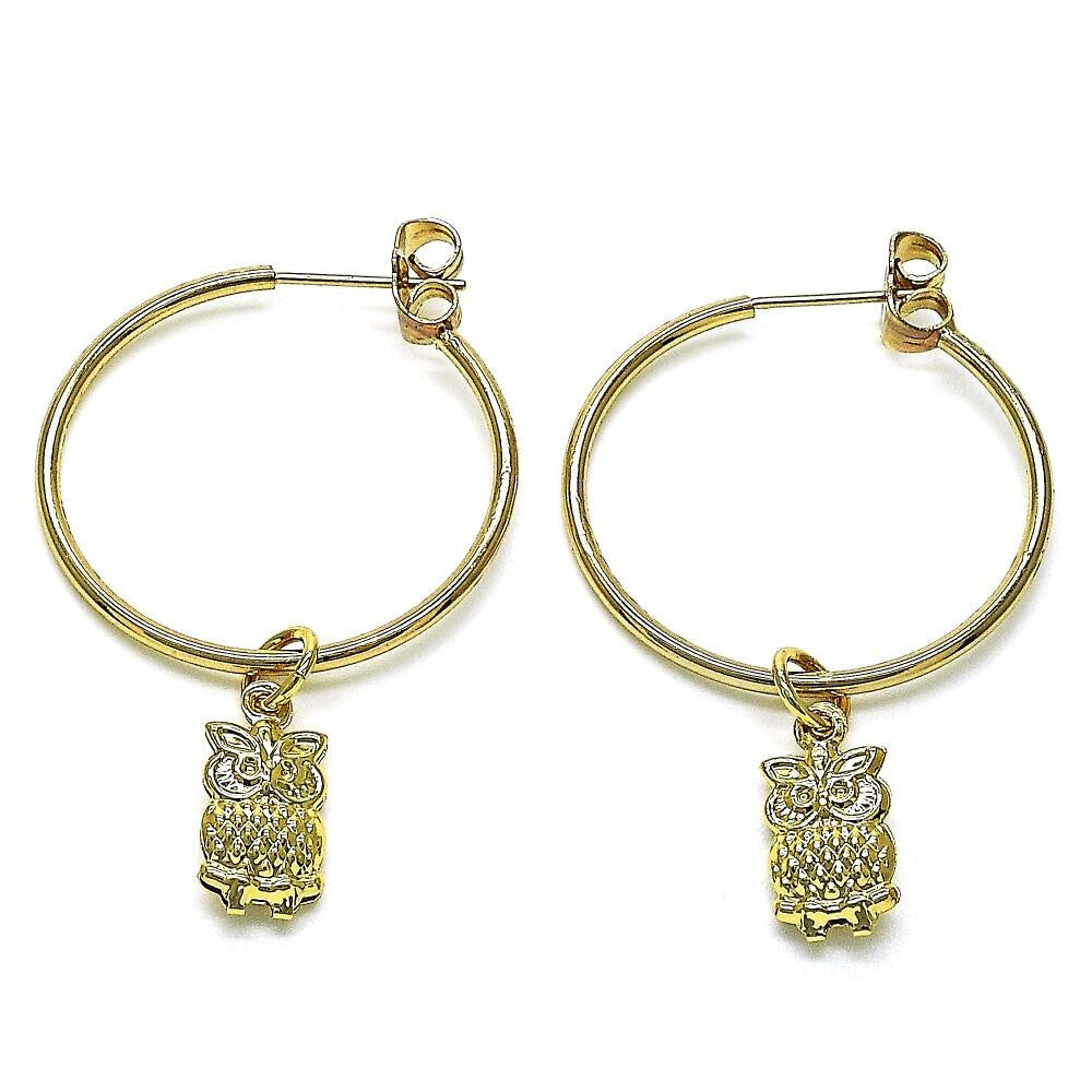 14K GOLD PLATED HOOP EARRINGS W/ OWL CHARM DANGLING &A HIGH POLISHED FINISH M625