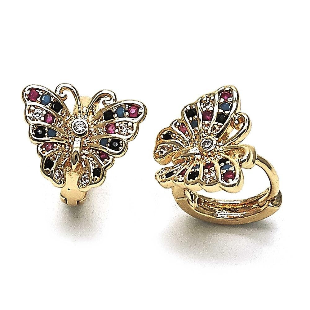 14K GOLD PLATED SMALL HUGGIE HOOP W/ BUTTERFLY & MULTI COLOR MICRO PAVE CZ M632