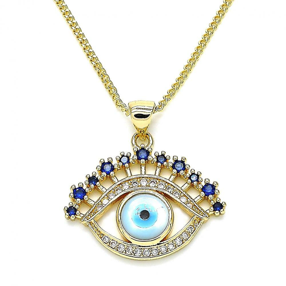 14K GOLD PLATED EVIL EYE PENDANT W/WHITE AND BLUE COLORED CZ ON 19" CHAIN M256