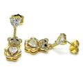 14K GOLD PLATED STUD DANGLE EARRIING TEDDY BEAR W/ 6 X 7 MM WHITE CZ HEARTS M603