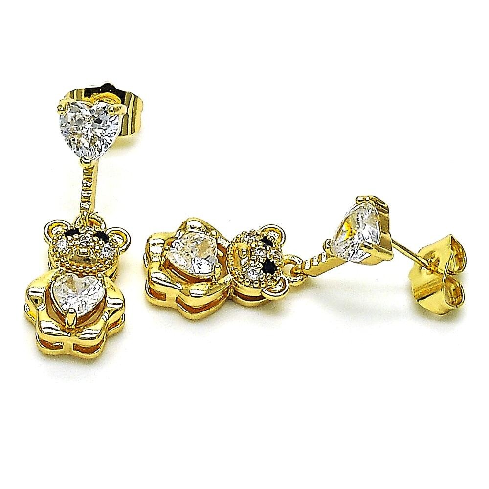 14K GOLD PLATED STUD DANGLE EARRIING TEDDY BEAR W/ 6 X 7 MM WHITE CZ HEARTS M603