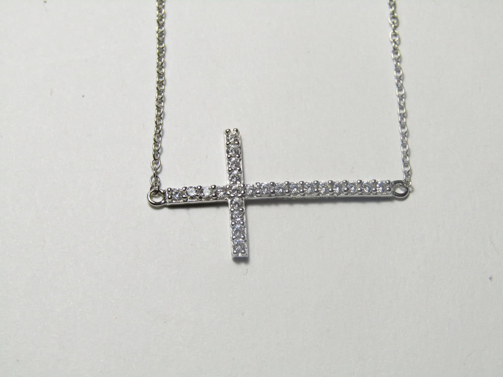 .925 STRERLING SILVER SIDEWAY CROSS WITH CZ 16 INCH CHAIN WITH 2 INCH EXT J 104