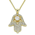 14K GOLD PLATED MICROPAVE WHITE CZ HAMSA PENDANT ON A 20" CUBAN LINK CHAIN M255