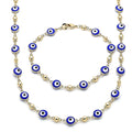 14K GOLD PLATED NECKLACE BRACELET SET W/ ROUND BLUE ENAMEL EVIL EYES M455