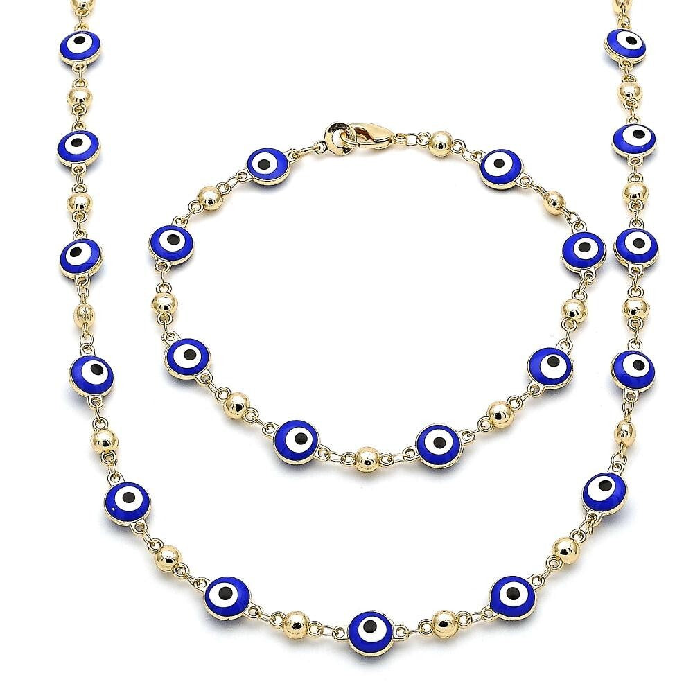 14K GOLD PLATED NECKLACE BRACELET SET W/ ROUND BLUE ENAMEL EVIL EYES M455