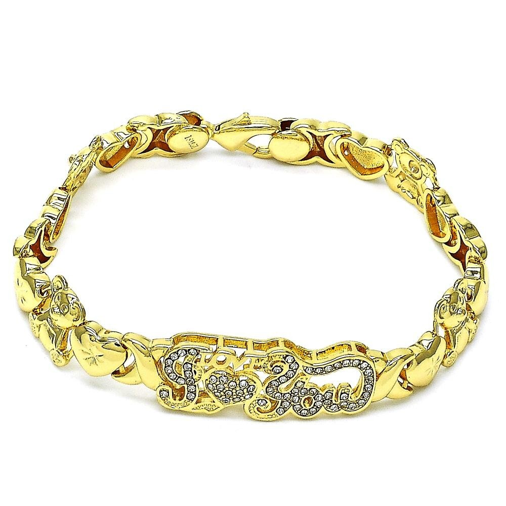 14K GOLD PLATED 7.5"BRACELET HUGS&KISSES &TEDDY BEAR DESIGN W/WHITE CRYSTAL M694
