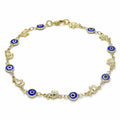 14K GOLD PLATED 9.5" ANKLET WITH BLUE EVIL EYES AND ELEPHANTS LINKED M368