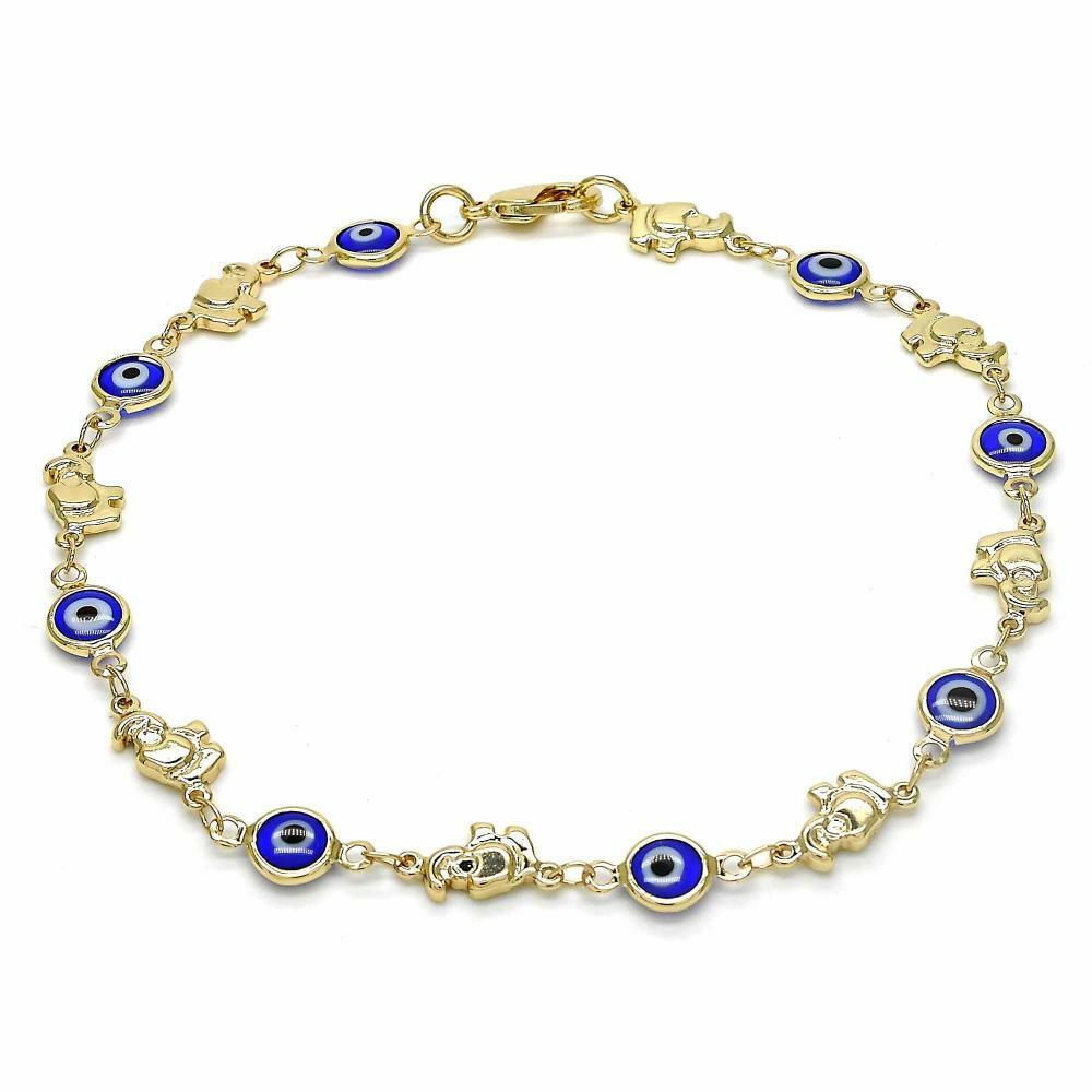 14K GOLD PLATED 9.5" ANKLET WITH BLUE EVIL EYES AND ELEPHANTS LINKED M368