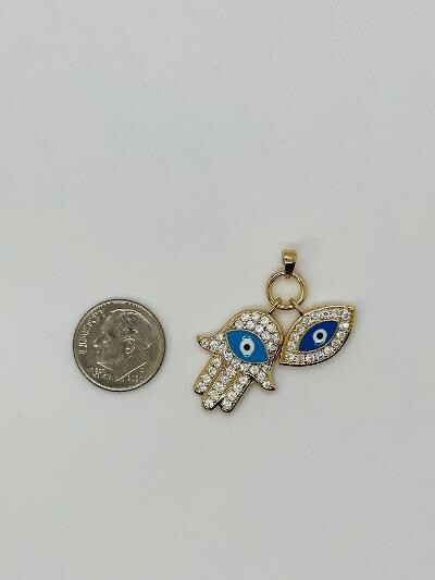 14K GOLD PLATED PENDANT HAMSA AND EVIL EYE SET WITH WHITE MICRO PAVE CZ SP18