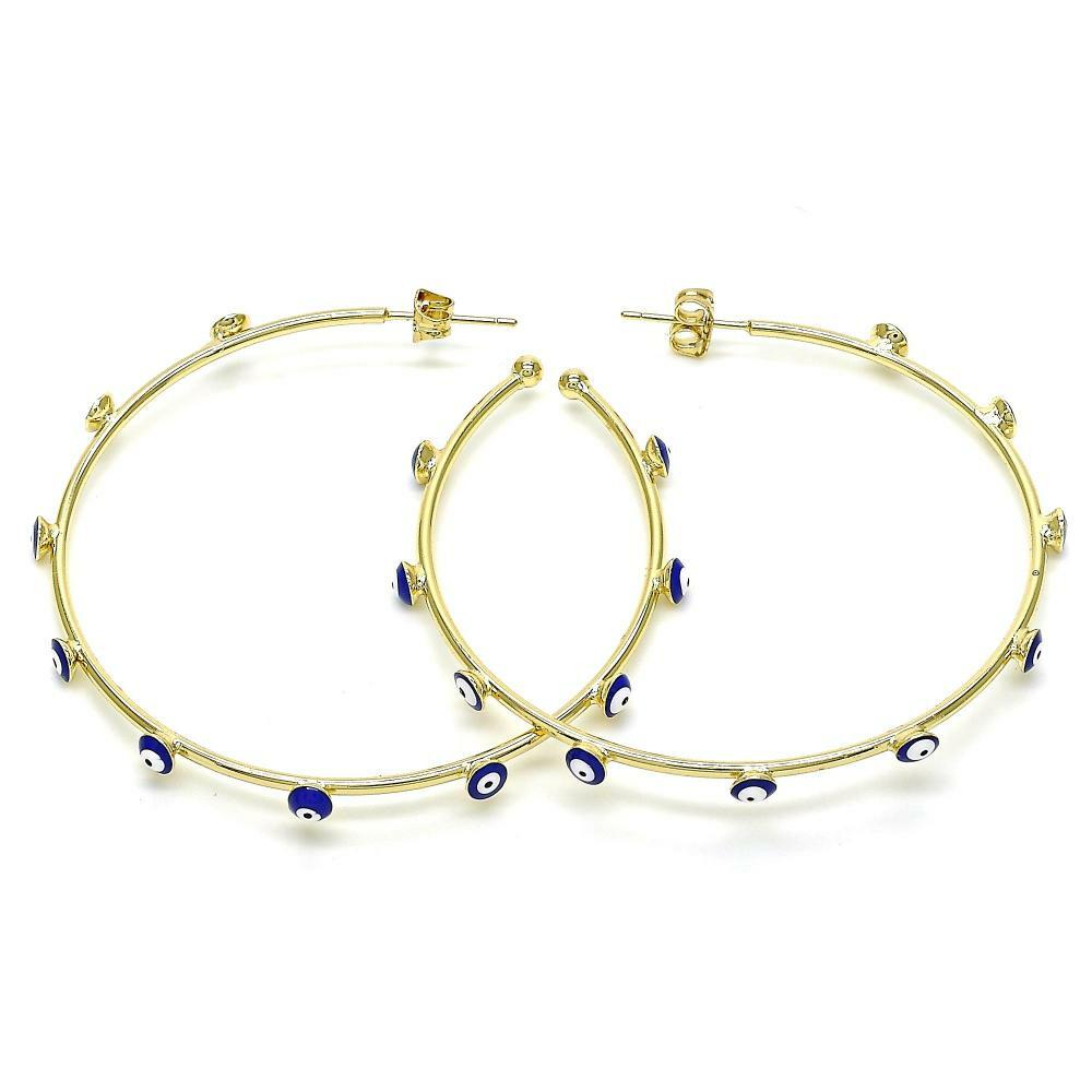 14K GOLD PLATED HOOP EARRINGS 2 X 57 MM WITH 10 BLUE EVIL EYES M481