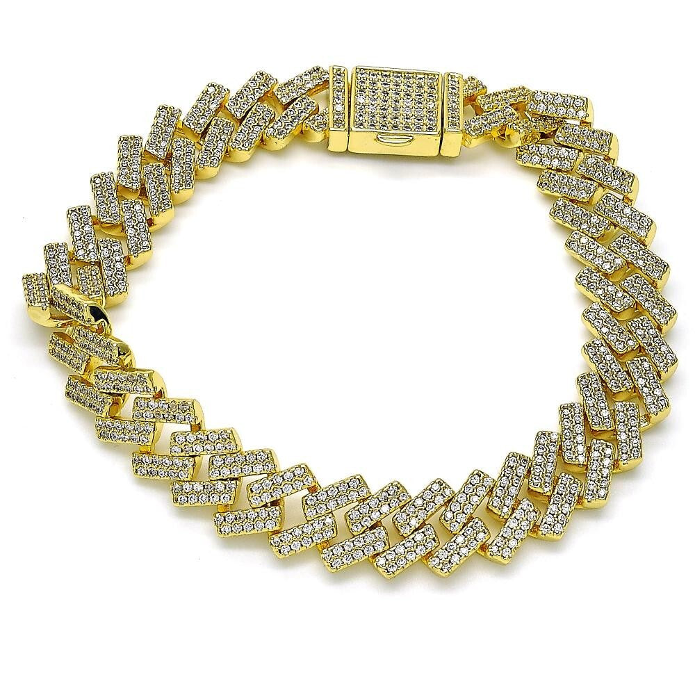 14K GOLD PLATED 8" FANCY BRACELET WITH WHITE MICRO PAVE CZ LINKS & BOX LOCK M740
