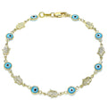 14K GOLD PLATED 9" ANKLET W/ BLUE EVIL EYES AND HAMSA CHARMS ALTERNATING M353