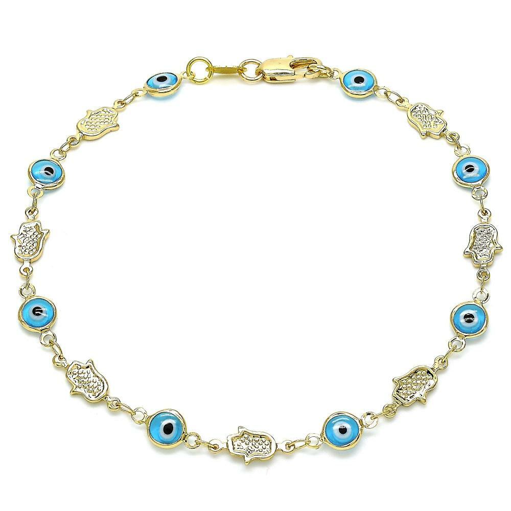 14K GOLD PLATED 9" ANKLET W/ BLUE EVIL EYES AND HAMSA CHARMS ALTERNATING M353