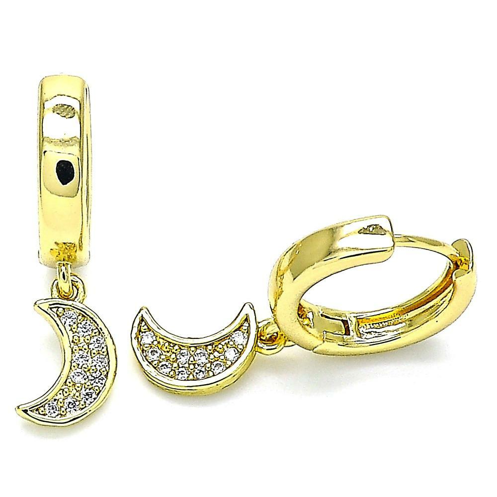 14K GOLD PLATED HUGGIE EARRINGS WITH WHITE MICROPAVE CRESENT MOON DANGLES M274