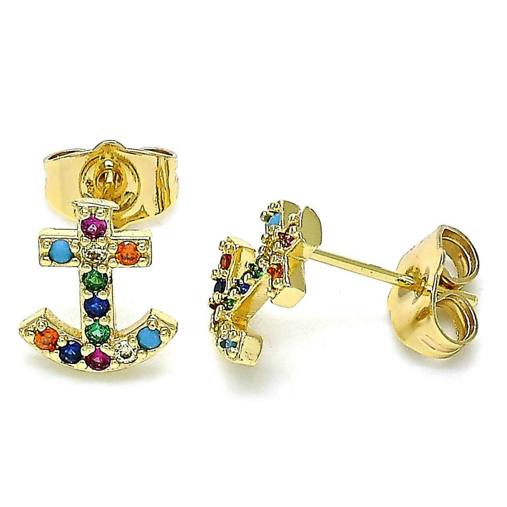 14K GOLD PLATED STUD EARRING ANCHOR DESIGN WITH MULTI-COLOR CZ M313