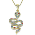 14K GOLD PLATED SNAKE PENDANT W/ MULTI-COLOR CZ & 19" CUBAN LINK CHAIN M338