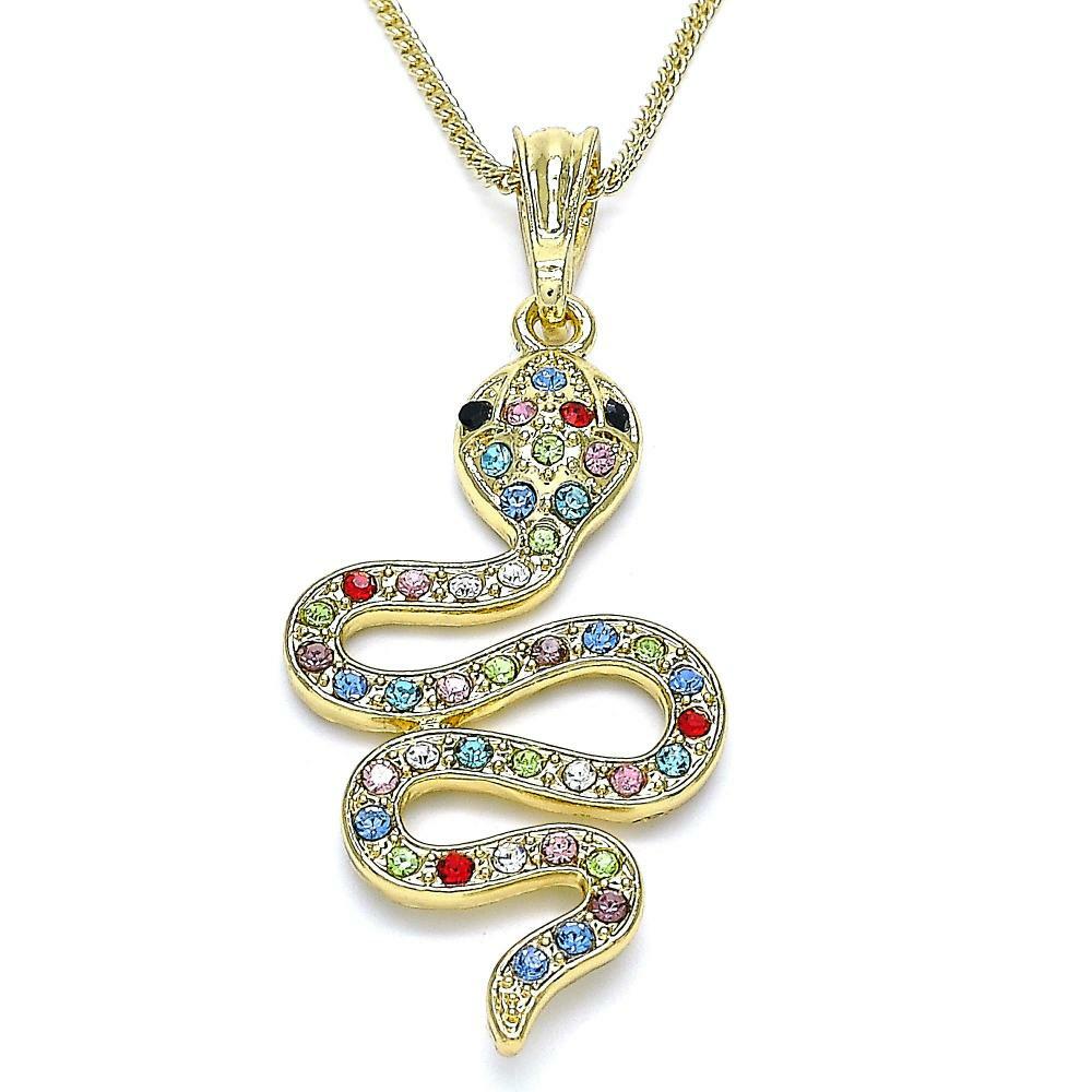14K GOLD PLATED SNAKE PENDANT W/ MULTI-COLOR CZ & 19" CUBAN LINK CHAIN M338