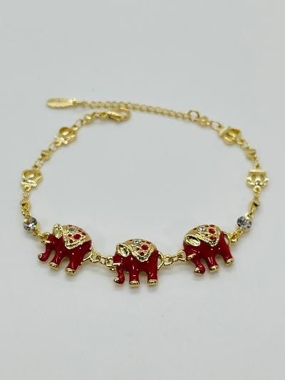 14K GOLD PLATED 7-8.5" BRACELET W/ 3 RED AND GOLD ELEPHANT CHARMS LINKED SB22