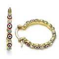 14K GOLD PLATED HOOP EARRING W/ RED COLOR ENAMEL EVIL EYES & WHITE CRYSTAL M639