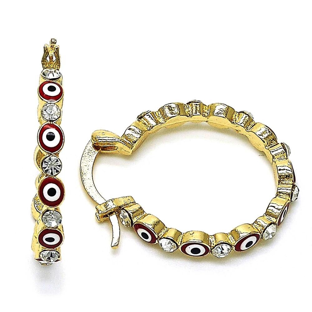 14K GOLD PLATED HOOP EARRING W/ RED COLOR ENAMEL EVIL EYES & WHITE CRYSTAL M639