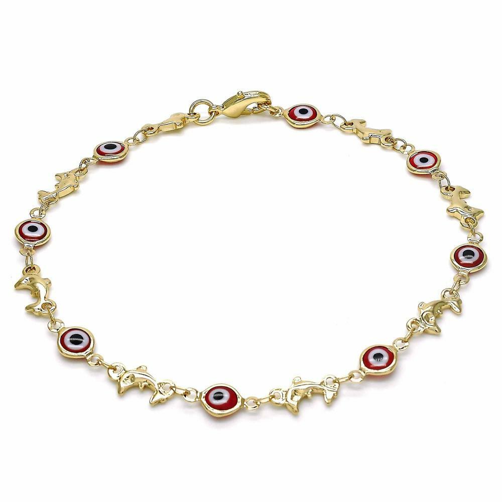 14K GOLD PLATED 9.5" ANKLET WITH RED EVIL EYES AND DOLPHINS CONNECTED M372