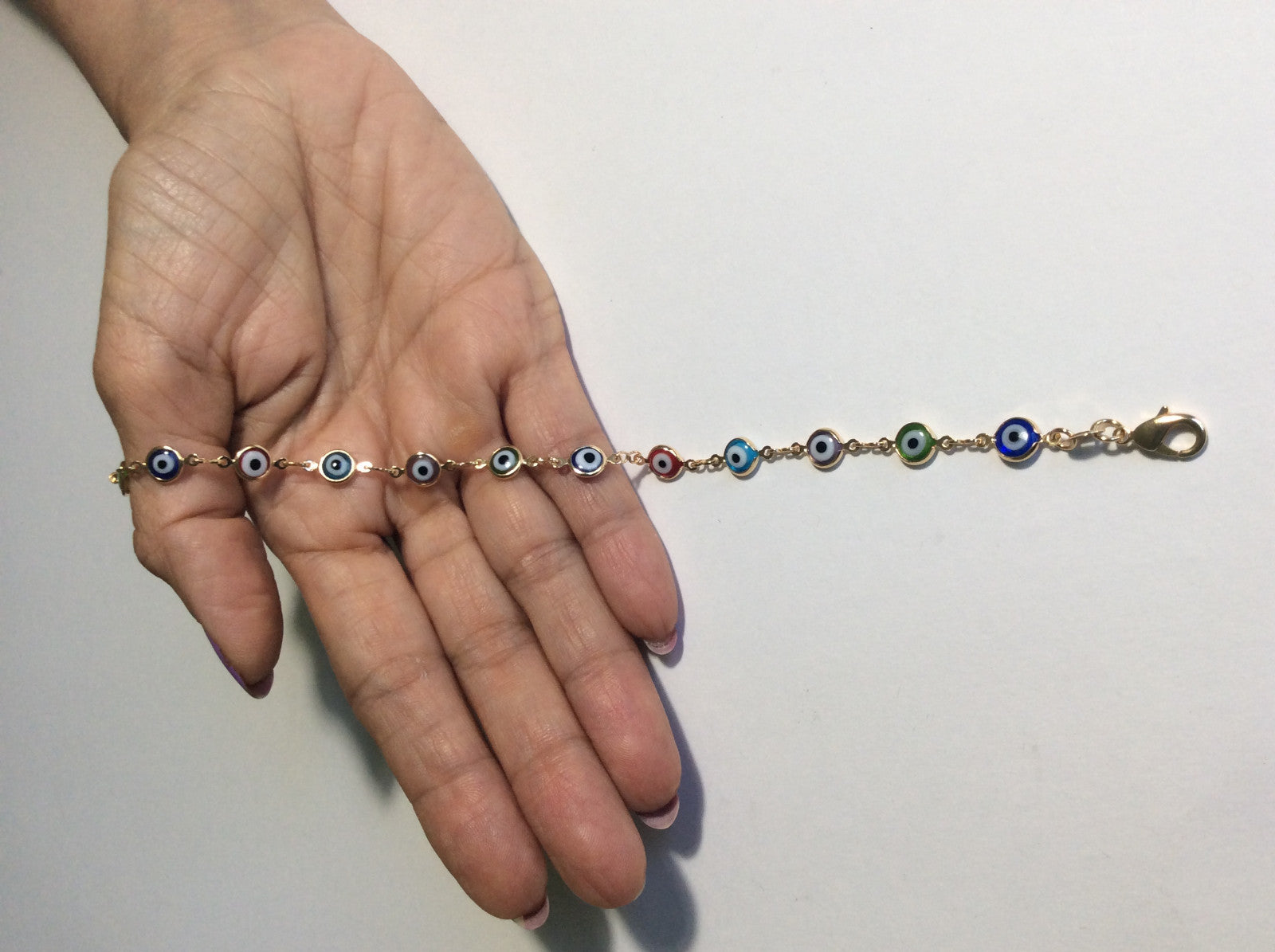 14K GOLD PLATED ANKLET 10 INCH WITH 14 MULTI COLORED EYE CHARMS J131