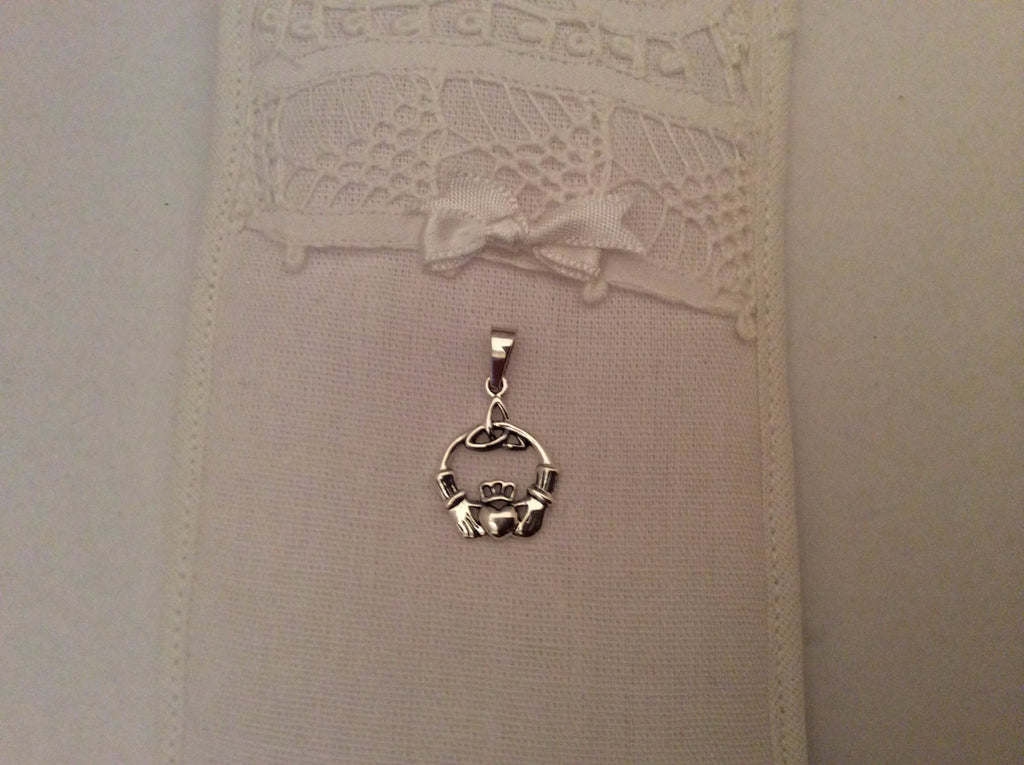 .925 Sterling Silver Claddagh with Celtic Knot Pendant J 72