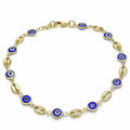 14K GOLD PLATED 9.5" ANKLET WITH BLUE EVIL EYES & PUFFED MARINER LINKS M366