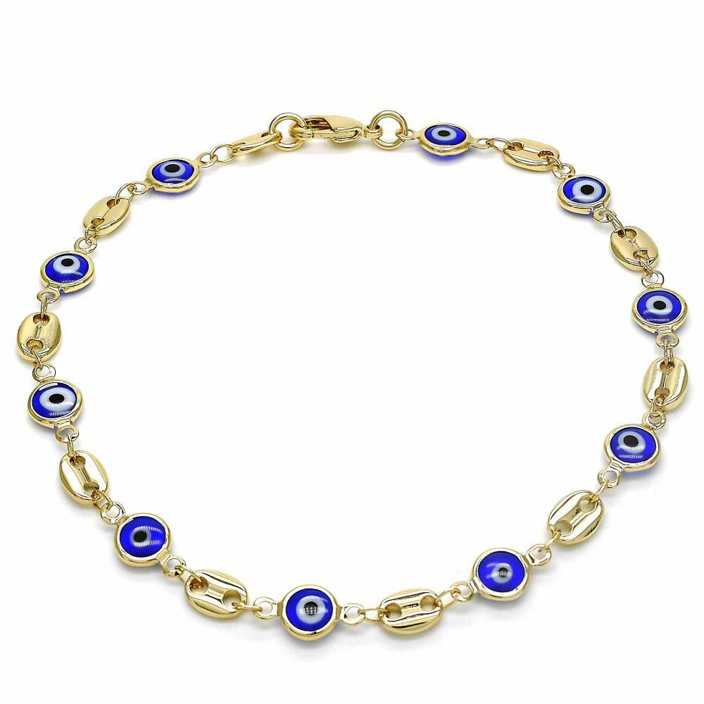 14K GOLD PLATED 9.5" ANKLET WITH BLUE EVIL EYES & PUFFED MARINER LINKS M366