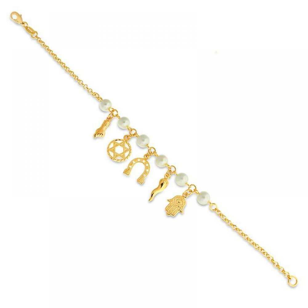 14K GOLD PLATED 7.5" BRACELET W/ FAUX PEARLS & 5 GOOD LUCK CHARMS DANGLING M221